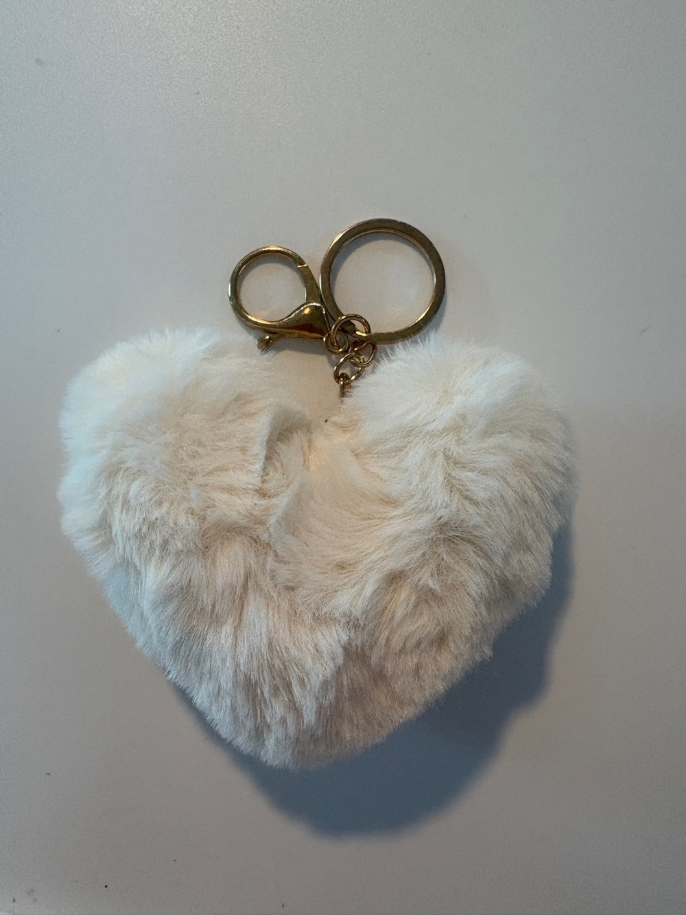Plush Heart Keychain - Cream Faux Fur with Gold Hardware